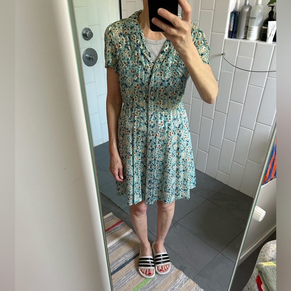 Anna Sui Short-sleeved Turquoise Daisy-print Silk Button-through Shirtdress